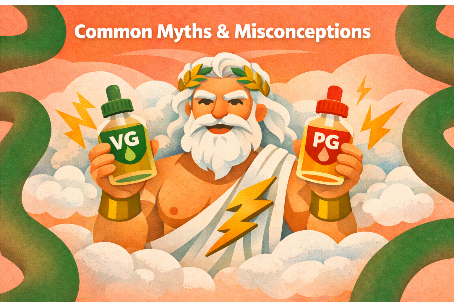 Illustration of Zues holding VG and PG vape juice