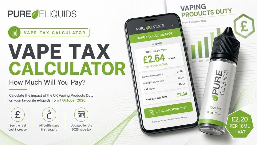 Vape Tax Calculator – How Much Will You Pay? Hero banner for the Pure Eliquids Vape Tax Calculator illustrating the UK Vaping Products Duty from 1 October 2026. The artwork features a modern smartphone calculator, e-liquid bottle and pricing graphics to help adult vapers estimate future vaping costs.